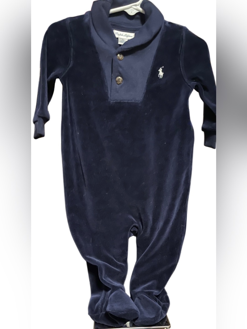 Ralph Lauren Navy Velour Baby One-Piece Romper 6MO